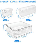 Diagram showing 10 Pack Fridge Organizer Bins With Lids, Stackable Refrigerator Storage Containers sizes 16oz, 51oz, 220oz, clear plastic.