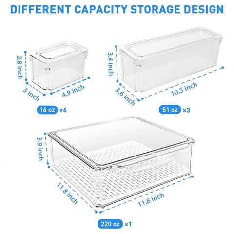Diagram showing 10 Pack Fridge Organizer Bins With Lids, Stackable Refrigerator Storage Containers sizes 16oz, 51oz, 220oz, clear plastic.