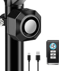 Bike Alarm With Remote And USB Rechargeable Power For Your Ride Vibration Motion Sensor Trigger Ultra Loud 110dB Anti Theft Alarm For Bicycle Motorcycle Electric Scooter IP65 Waterproof And Easy Mount Kit mounted on bike frame with remote and USB cable