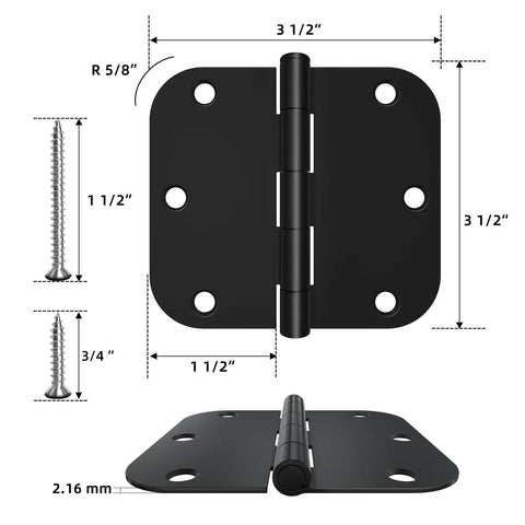 30 Pack Matte Black Door Hinges 3.5 X 3.5 Inches With 5/8 Radius, Heavy Duty Interior Door Hardware, Black 3 1/2 Inch Hinges With 6 Holes
