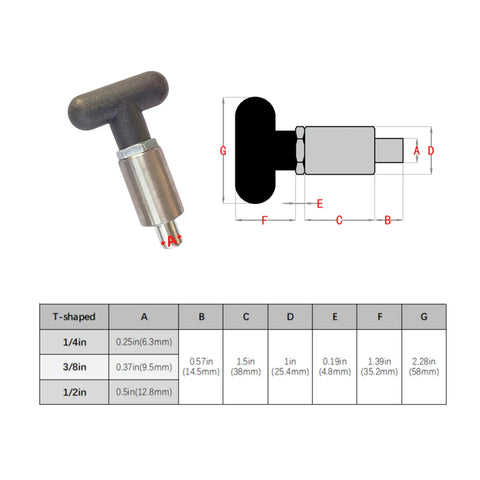 Heavy Duty Spring Loaded Pull Pin With Rock Solid Welded Steel Core Black T Handle Lever Knob for 3/8 Inch size technical dimensions.