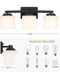 4 Light Vanity Light With Etched Glass Shade In Dark Bronze Finish, dimensions and bulb compatibility shown, E26 base