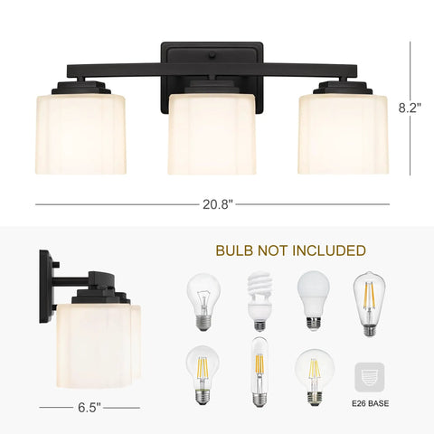 4 Light Vanity Light With Etched Glass Shade In Dark Bronze Finish, dimensions and bulb compatibility shown, E26 base