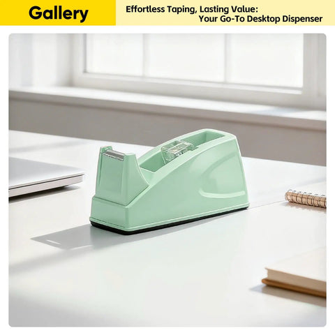 Cute Aesthetic Office Desk Tape Dispenser Green Fits Standard 1 Inch Core Tapes Easy Reload In Seconds Slick Smooth Cut Design For Quick Everyday Wrapping And Mess Free Desks on a white desk
