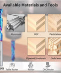 Up Down Cut Spiral Compression Router Bit With One Quarter Inch Shank And One Quarter Inch Cutting Diameter, One Inch Cutting Length, Two And A Half Inch Total Length, Solid Carbide Dope Nano Blue Coated For CNC Routers with materials and tools icons