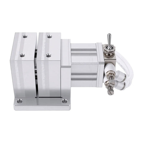 Compact Aluminum Pneumatic Vise Clamp Fixture For CNC Drilling And Grinding With Smooth 3mm Stroke Effortless Operation And Strong Grip Power, side view with tubing.