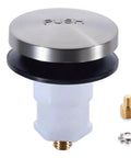 Plug And Play Toe Touch Bathtub Drain Stopper In Smooth Brushed Nickel with push top and mounting accessories.