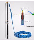 Featherweight Submersible Utility Pump With Half Horsepower Motor And Stainless Steel Build shows pump with blue cable and diagram.