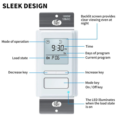 7 Day Programmable In Wall Timer Switch With Sunrise Sunset Auto On Off For Lights And Fans Custom Schedules