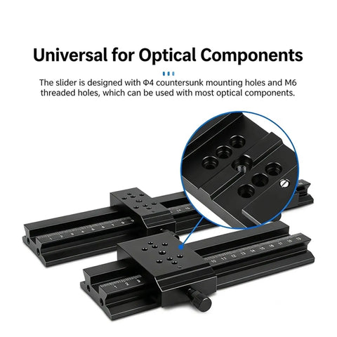 Heavy Duty Dovetail Translation Stage X Axis Linear Guide Slide Micro Positioning Platform For Pro Shop Optical Alignment and dead on accuracy rig setup with fine tuning control showing mounting holes.