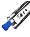 Close-up of Built Like A Tank 53Mm Heavy Duty Full Extension Ball Bearing Drawer Slides With Lock In Lock Out and blue pull knob.