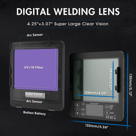 Auto Darkening Welding Helmet With Large Viewing Area, Flip Up Design, True Color Lens displayed with dimensions and features.