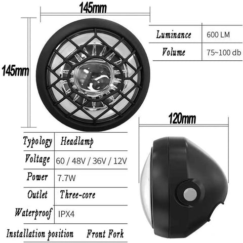 Beefy 600 Lumen Bike Headlight Front Light For Night Riding Waterproof For E Bike 36V 48V 52V shown with technical specifications