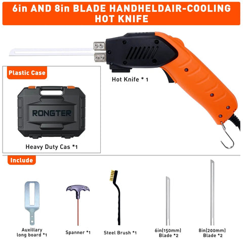 Rongter 200W Air-Cooled Electric Hot Knife Foam Cutter Tool With Active Fan Cooling System, includes blades and case.