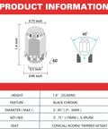 Diagram of Chrome Golf Cart Lug Nuts Set For EZGO And Club Car showing dimensions and 60-degree conical seat.