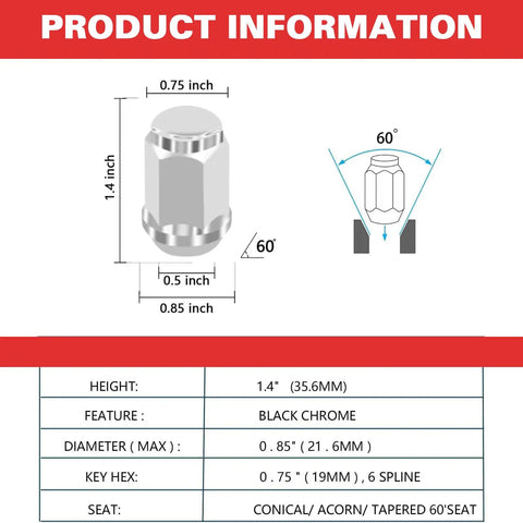 Diagram of Chrome Golf Cart Lug Nuts Set For EZGO And Club Car showing dimensions and 60-degree conical seat.