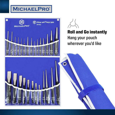 27 Piece Punch And Chisel Set With Center Punches Pin Punches Long Taper Starter Punches Chisels Gauge And Tool Pouch