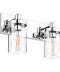 Two Light Chrome Vanity Light Fixture With Clear Glass Shades Stainless Steel Bathroom Wall Sconce on white background.