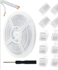 Plug And Play 10 Pack 4 Pin 10mm LED Strip Connectors With 32.8ft RGB Extension Cable For 10mm Wide SMD RGB LED Strips Lights 5V 12V 24V Waterproof IP20 IP65 Quick Connect shown with connectors, cable, and screwdriver.