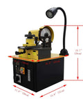 Knockout Full Auto Saw Blade Sharpener And Grinder For Carbide Tipped And Hss Circular Blades, showing machine dimensions and lighting.