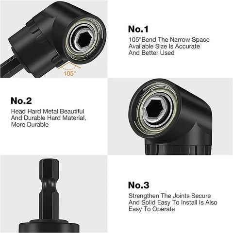 105 Degree Angle Socket Adapter 3 Piece Black Extension Kit with close-up of metal joints and 105° bend for tight spaces.
