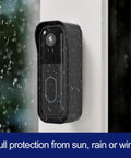 No Drill Doorbell Mount For All New Blink Video Doorbell 2nd Gen, black, installed outdoors on wall in rain.