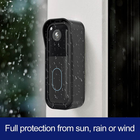 No Drill Doorbell Mount For All New Blink Video Doorbell 2nd Gen, black, installed outdoors on wall in rain.