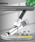 Grease Gun Coupler Kit Built Tough With 12 Inch Spring Hose And Six Fittings Quick Lock Release High Pressure 10000 PSI Universal One Eighth NPT Fits All Grease Guns Heavy Duty Alloy Steel displayed with fittings.