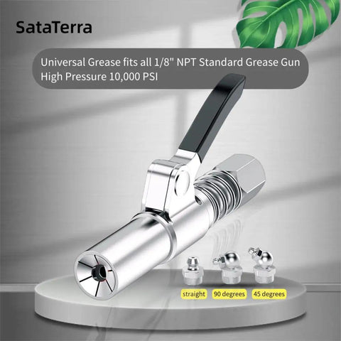 Grease Gun Coupler Kit Built Tough With 12 Inch Spring Hose And Six Fittings Quick Lock Release High Pressure 10000 PSI Universal One Eighth NPT Fits All Grease Guns Heavy Duty Alloy Steel displayed with fittings.