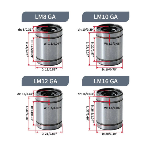 High Temp Steel Cage Linear Motion Bearing LM8GA LM40LGA For 3D Printer CNC Heavy Duty Precision Guide Rail Bearing With Low Friction Durable Heat Resistant Axial Motion Easy Install For Smooth Axis Travel For DIYers, LM8 LM10 LM12 LM16 sizes