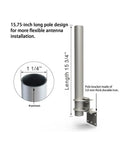 Beefy Heavy Duty Pole Mount For Outdoor Antennas And Weather Stations With Double U Bolts One Quarter Inch Outer Diameter And Fifteen And Three Quarter Inch Length Ideal For TV Radio Satellite Starlink WiFi Boosters And Cell Signal showing design and dimensions