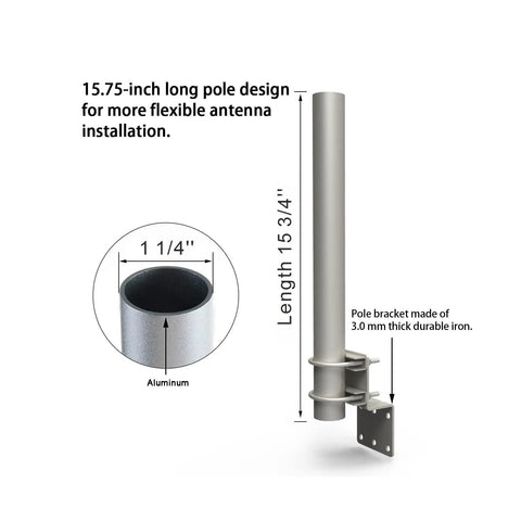 Beefy Heavy Duty Pole Mount For Outdoor Antennas And Weather Stations With Double U Bolts One Quarter Inch Outer Diameter And Fifteen And Three Quarter Inch Length Ideal For TV Radio Satellite Starlink WiFi Boosters And Cell Signal showing design and dimensions