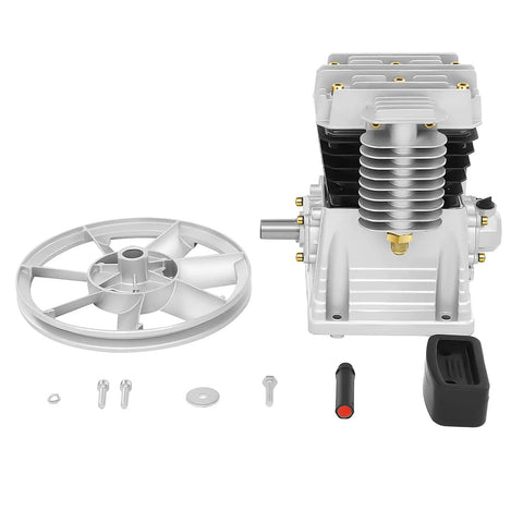 Heavy Duty 2HP Air Compressor Pump Head, Twin Cylinder Aluminum Piston For 1500W Unit, 52.83 Gallons Per Minute Discharge High Pressure Replacement, Oil Drain And Muffler Included