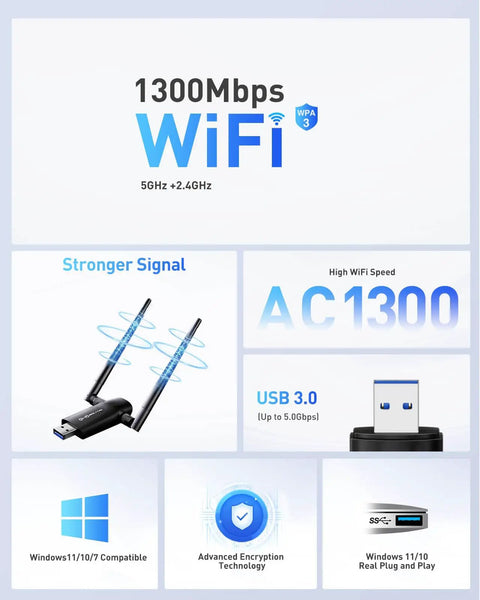 Fast 1300Mbps USB WiFi Adapter For PC And Laptop With Dual 5dBi Antennas, 5G/2.4G Dual-Band Wireless Network Card For Windows 11/10/8/7