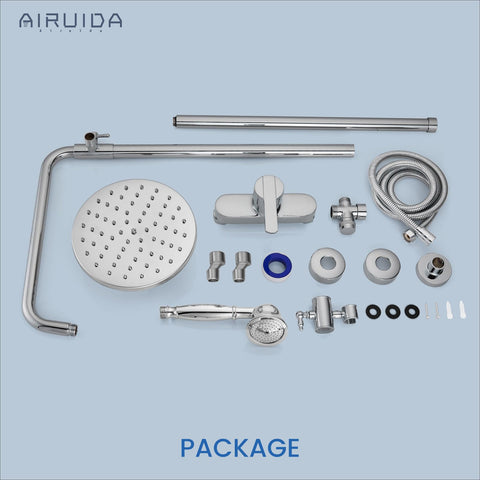 Exposed Shower System With 8 Inch Rainfall Head And Handheld Spray Single Handle Wall Mount Faucet Set Solid Brass Dual Function Exposed Pipe Fixture For Bathroom Dope Chrome Finish components layout