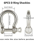 Built Tough 304 Stainless Steel D Ring Shackles 6-Pack Heavy Duty 1/2 Inch Marine Grade Clevis Anchor Hardware, size measurements included.
