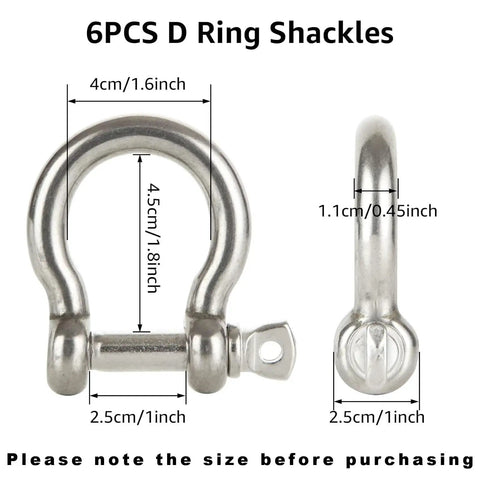 Built Tough 304 Stainless Steel D Ring Shackles 6-Pack Heavy Duty 1/2 Inch Marine Grade Clevis Anchor Hardware, size measurements included.
