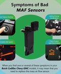 Mass Air Flow MAF Sensor Replacement 23262343 Easy Install Plug And Play Compatible With 2012 2025 Chevy Blazer Camaro Colorado Equinox Express Impala Malibu Silverado Suburban Tahoe Traverse GMC Cadillac ATS CTS Buick showing symptoms graphic