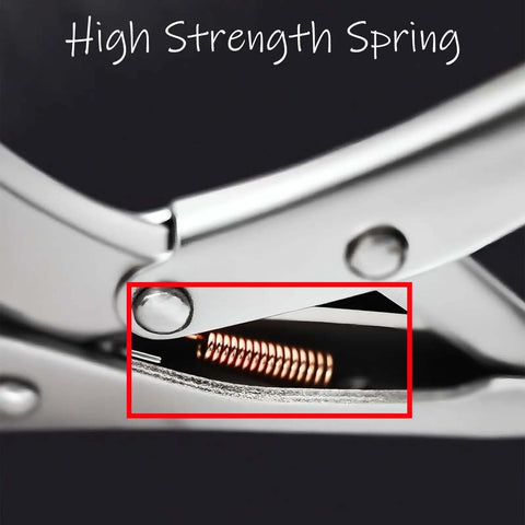Close-up of spring mechanism in Beefy 11 Inch Locking Pliers Spring Loaded Action Anti Rust One Handed Operation Heavy Duty Vise Grips.