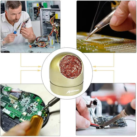 Coiled Brass Solder Tip Cleaner Kit With Brass Sponge For Quick Clean Wire Cleaning Wires And Holder For Soldering Irons No Water Needed Pro Grade Tip Refresh 7 Cleaning Wires And 1 Holder Included For Efficient Work in use by technicians with electronics.