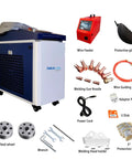 3000W Four In One Laser Welding Machine With Auto Wire Feeder 380V Hardcore Metal Cutter And Rust Remover showing accessories and components.