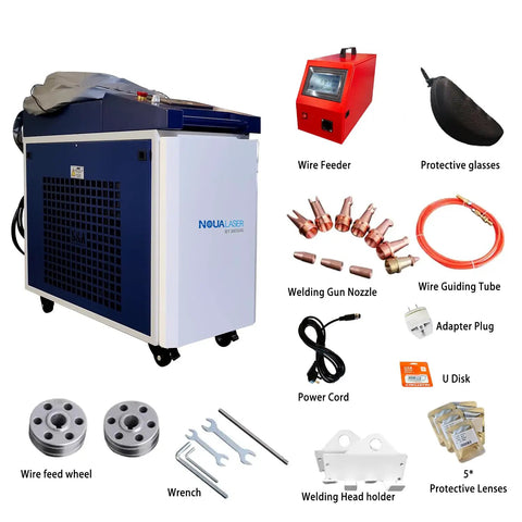 3000W Four In One Laser Welding Machine With Auto Wire Feeder 380V Hardcore Metal Cutter And Rust Remover showing accessories and components.