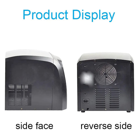Slick Stainless Steel Electric Ice Maker Machine With Auto Self Cleaning Function Produces Up To 33 Pounds Daily And Chills Out In Just 9 Minutes Side and reverse views showing design details.