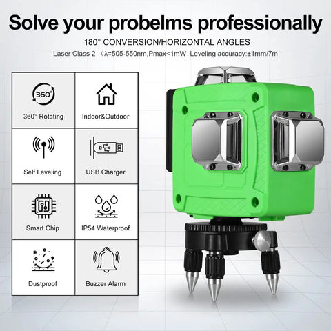 3D Laser Level With Green Laser, Self Leveling And Manual Modes, 360 Degree Coverage, 12 Laser Lines, Class 2, on stand