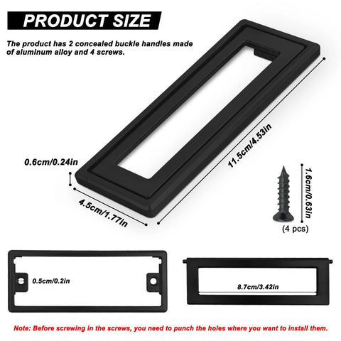 Two Pack Black Square Recessed Flush Door Pulls For Cabinets And Drawers, 4.53 By 1.77 Inches Zinc Alloy Flat Hatch Handles dimensions