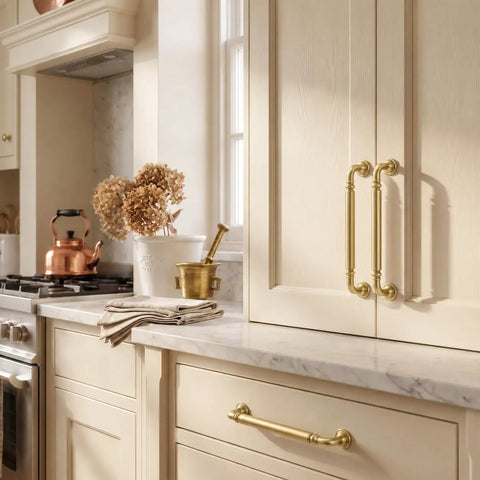 Brushed gold cabinet pulls installed on cream kitchen cabinetry with a marble countertop and decorative items.