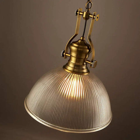 Retro Dome Pendant Light With Ribbed Glass In Brass Finish, single head ceiling fixture, close-up view, 12 x 19 inch
