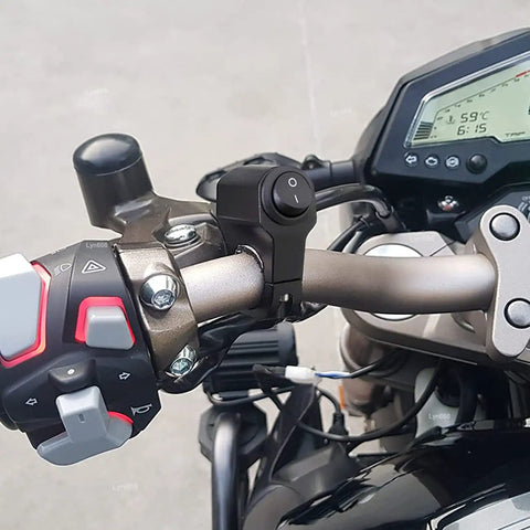 Close-up of a 12V Waterproof Handlebar Switch For Motorcycles And ATVs UTVs And Scooters, Universal 7/8 Inch (22mm) Fit on motorcycle handlebar