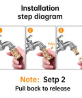 Installation steps for Heavy Duty Rust Resistant Brass Garden Hose Quick Connect Fittings Three Quarter Inch GHT Female To Female Adapters No Leak Easy To Use Includes Two Female Connectors For Fast Leak Free Hose Setup, showing hand inserting and removing connectors.