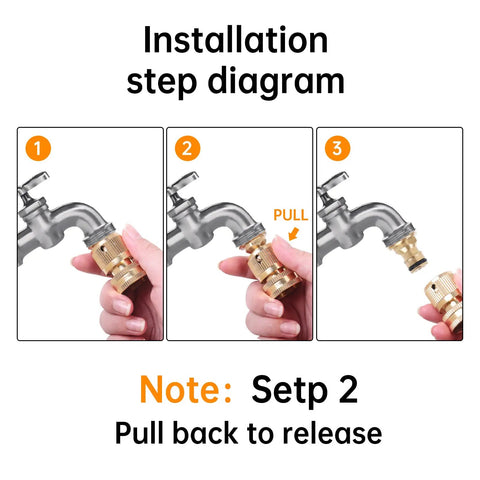 Installation steps for Heavy Duty Rust Resistant Brass Garden Hose Quick Connect Fittings Three Quarter Inch GHT Female To Female Adapters No Leak Easy To Use Includes Two Female Connectors For Fast Leak Free Hose Setup, showing hand inserting and removing connectors.